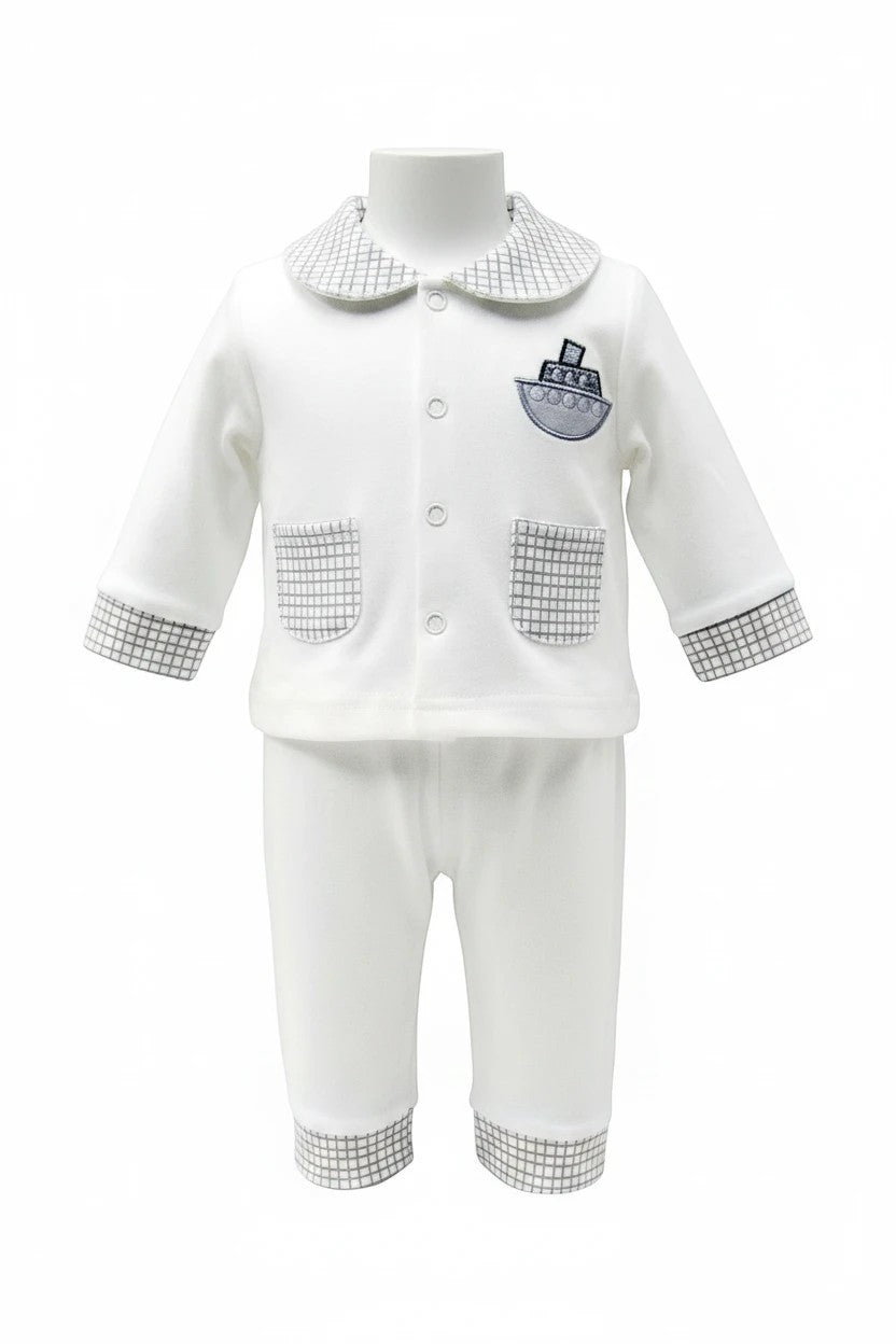 Stork And Baby white 100% cotton long sleeve baby set with boat embroidery and grey checked trim.
