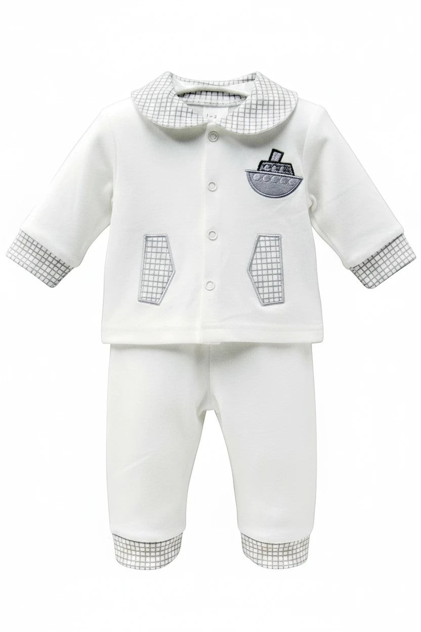 Stork And Baby white 100% cotton long sleeve set with boat embroidery and checkered trim.