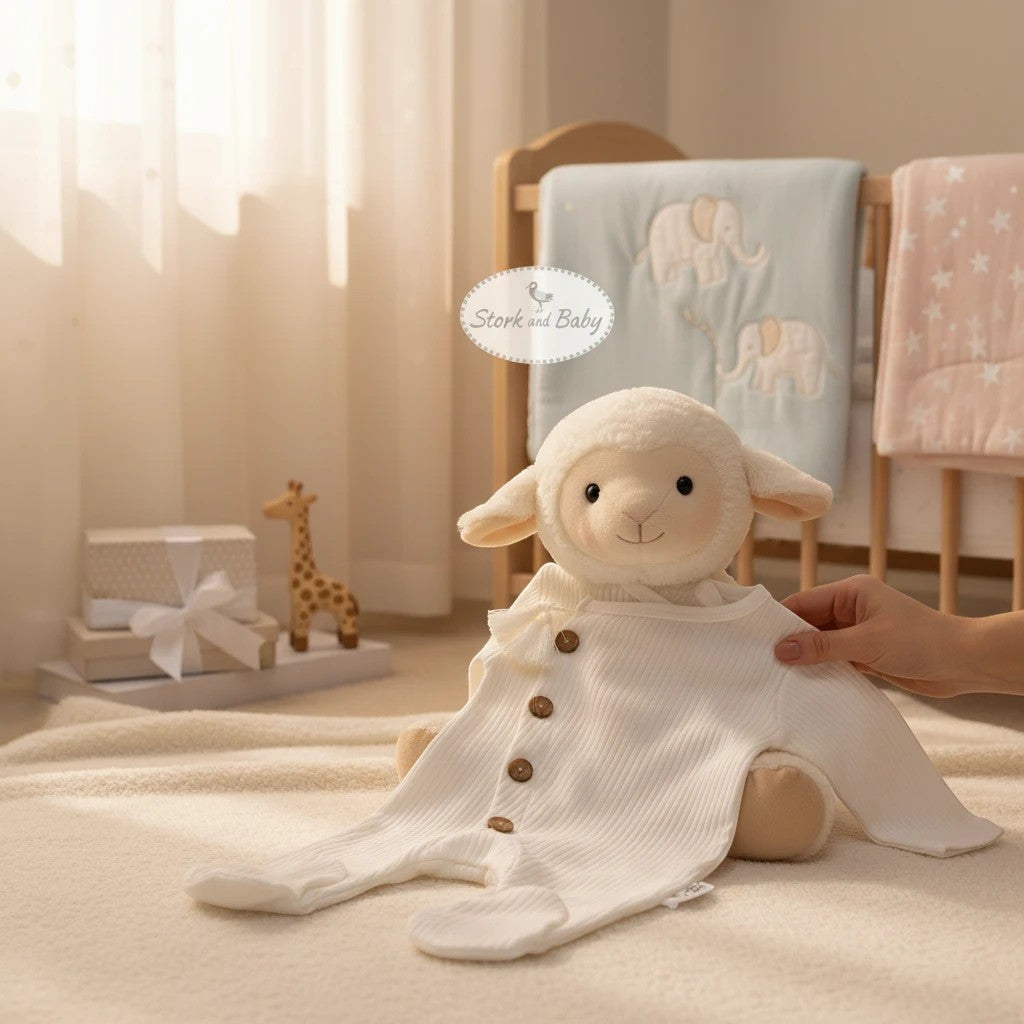 Stork And Baby white 100% cotton ribbed side button romper with wooden buttons, footed design.