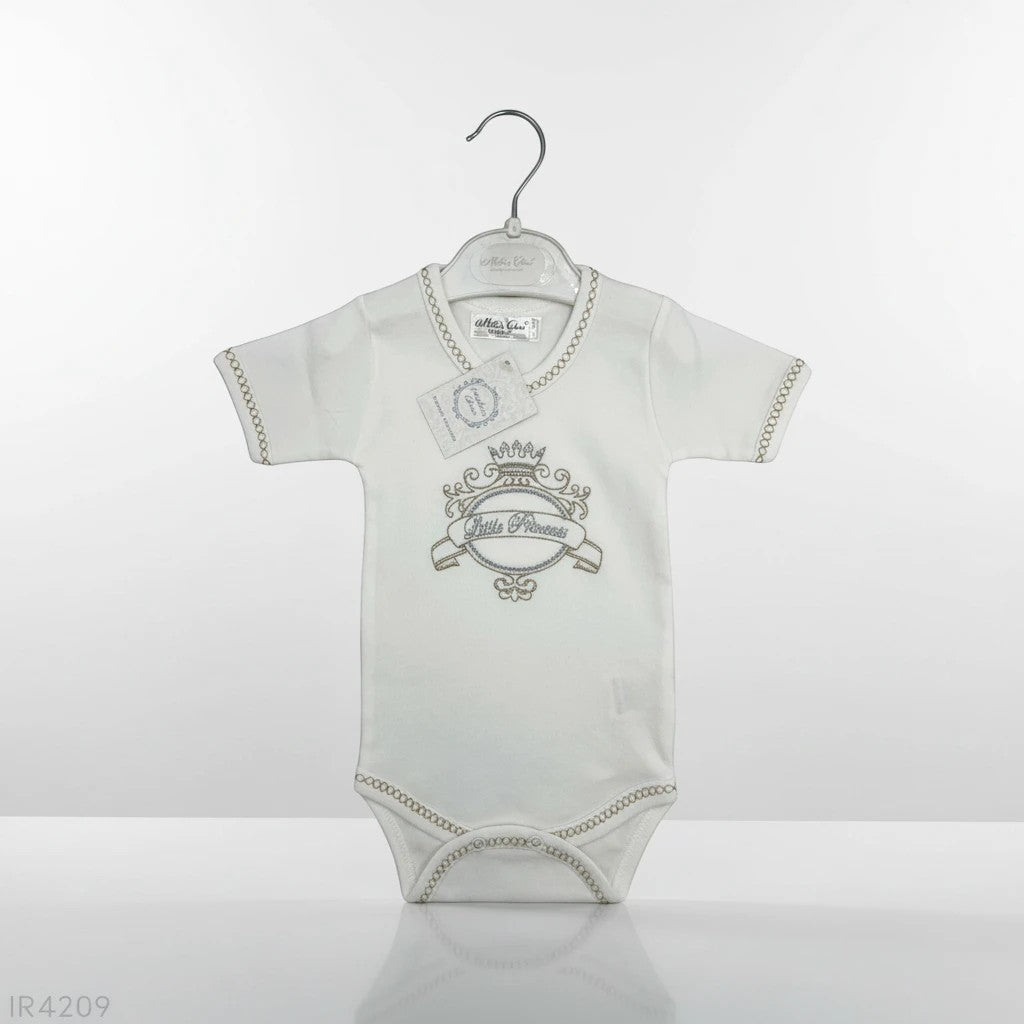 Stork And Baby white 100% combed cotton baby girl's romper with "Little Princess" embroidery and crown detail.