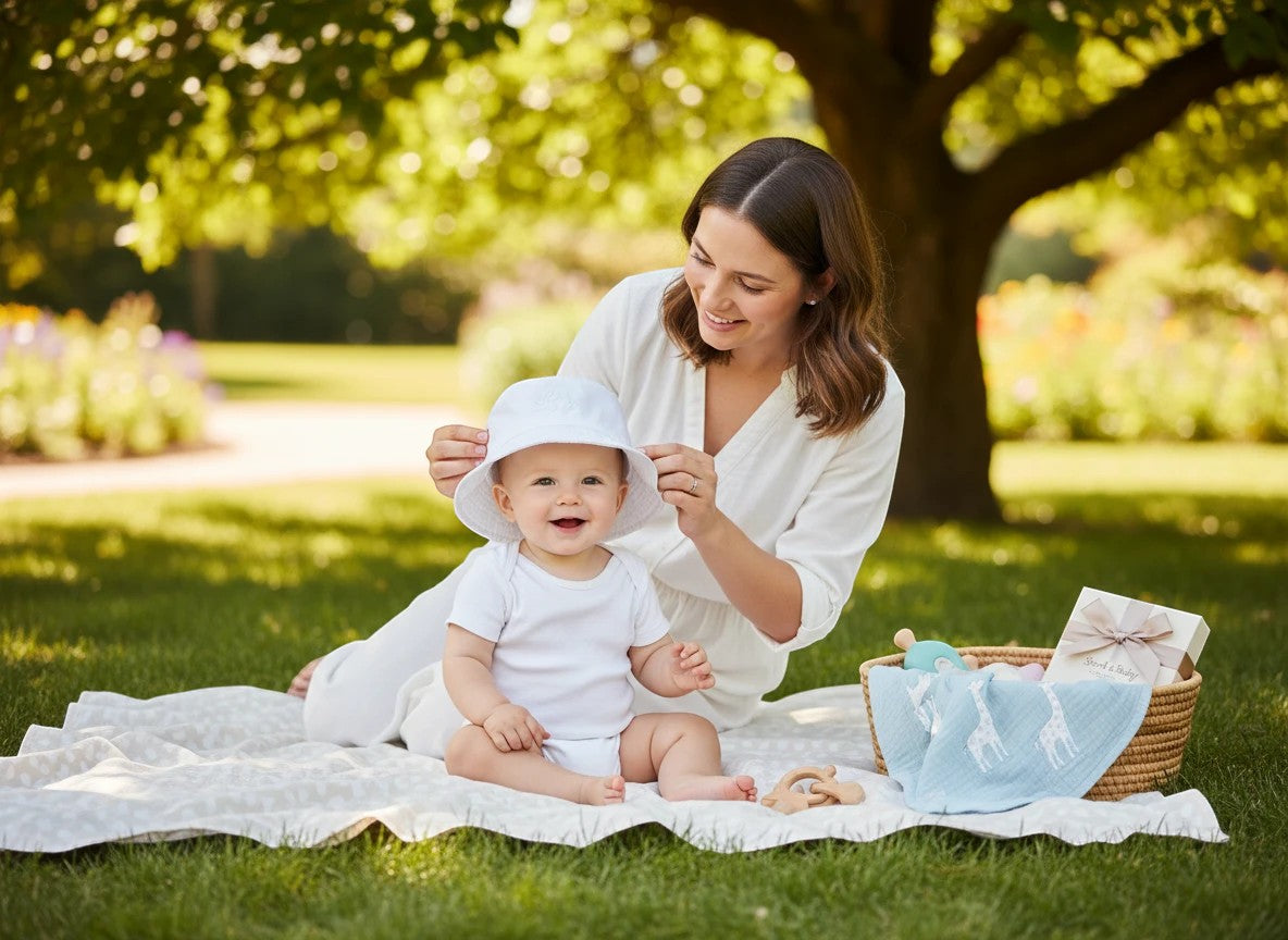 Stork And Baby white 100% cotton woven sun hat with flower detail for baby, worn by a smiling baby outdoors.