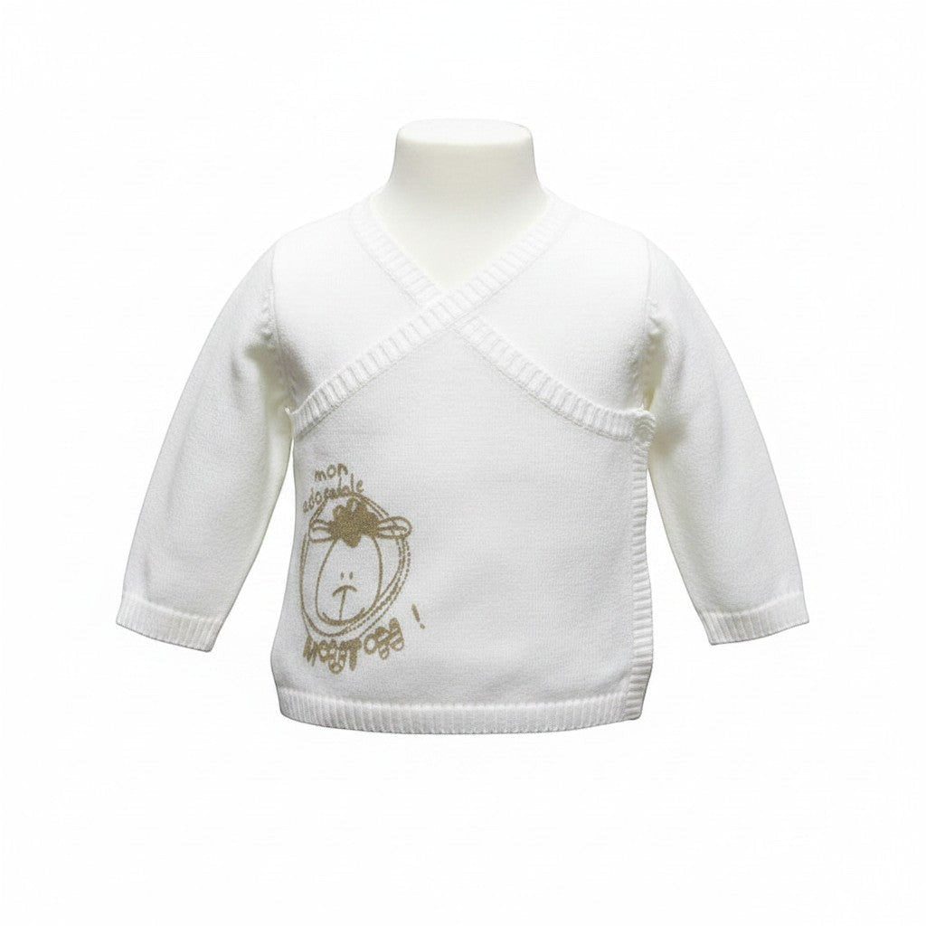 Stork And Baby white crossover knit cardigan with a gold sheep graphic and "mon adorable" text.