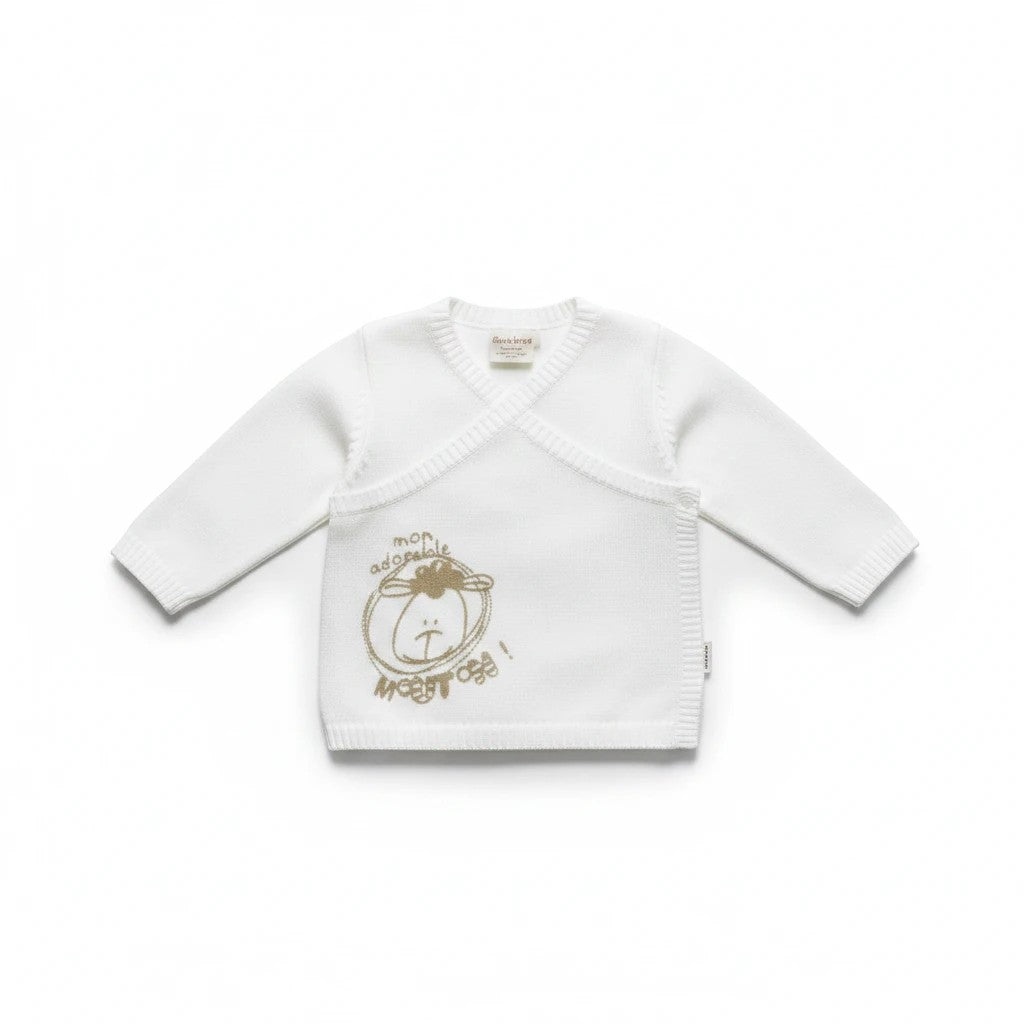 Stork And Baby white crossover knit cardigan with sheep graphic and "mon adorable" text. Soft cotton for baby.