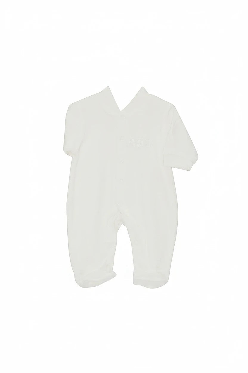 Stork And Baby white short-sleeve baby grow with silver embroidery, size 3-6 months.