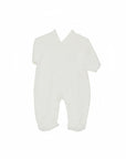 Stork And Baby white short-sleeve baby grow with silver embroidery, size 3-6 months.