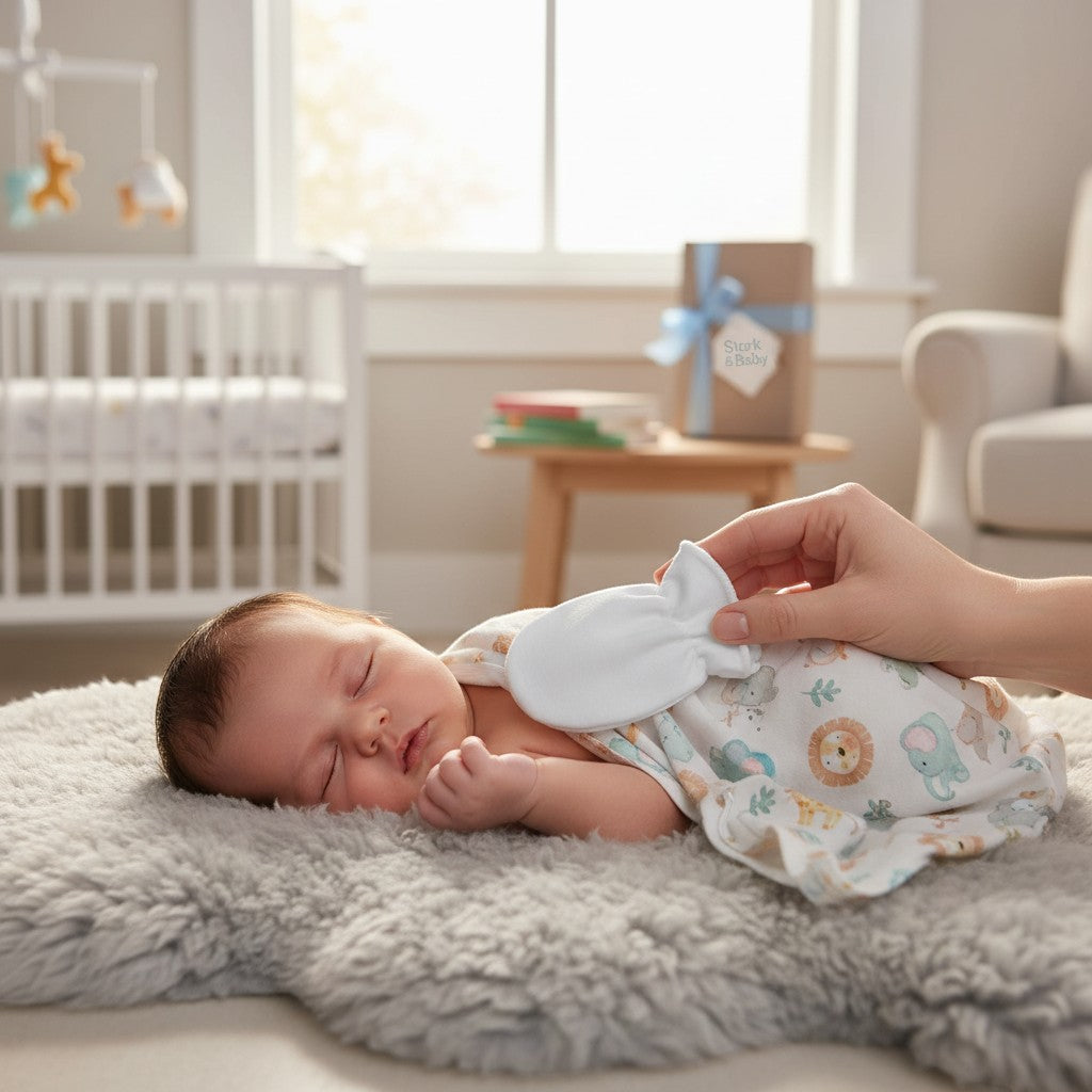 Stork And Baby white fleece infant mittens on a sleeping baby, soft and cozy for chilly weather.