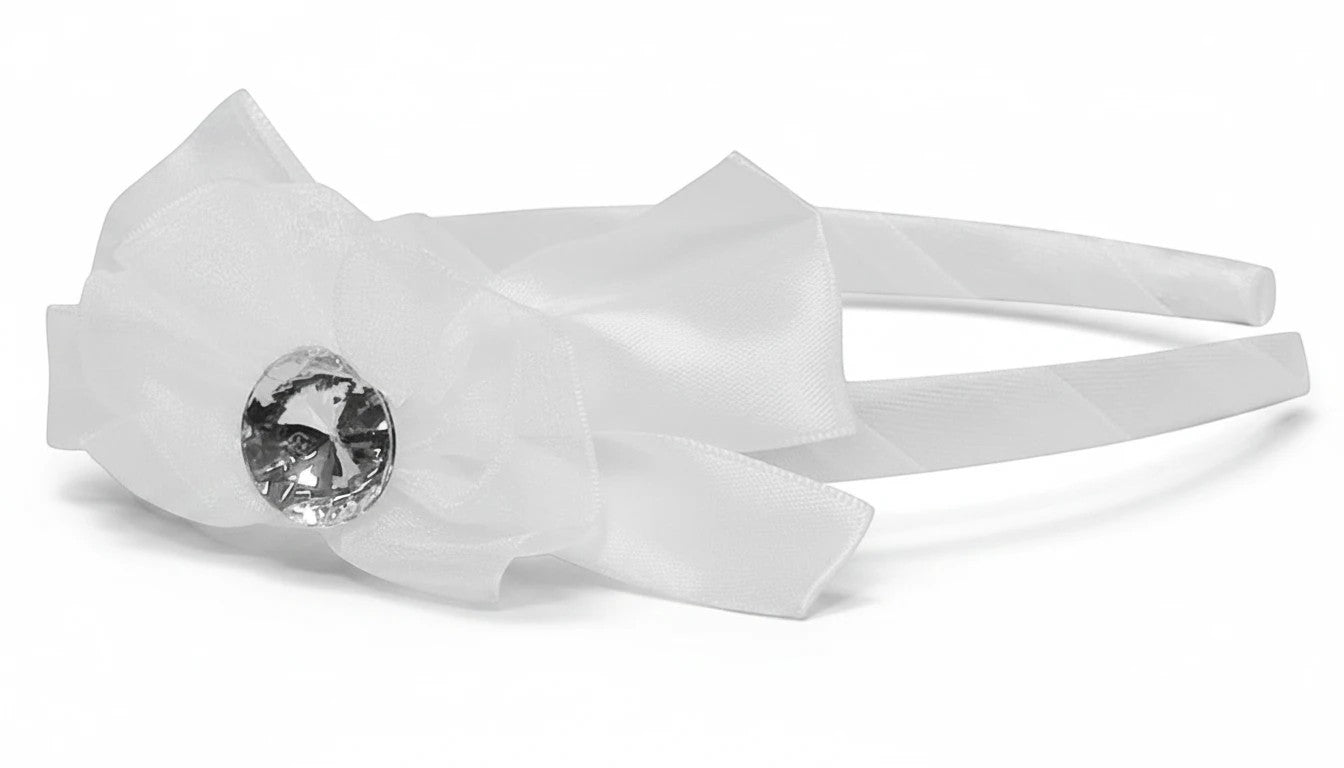 Stork And Baby Mothers Choice white girls alice band featuring a satin bow and a sparkling central diamante detail.
