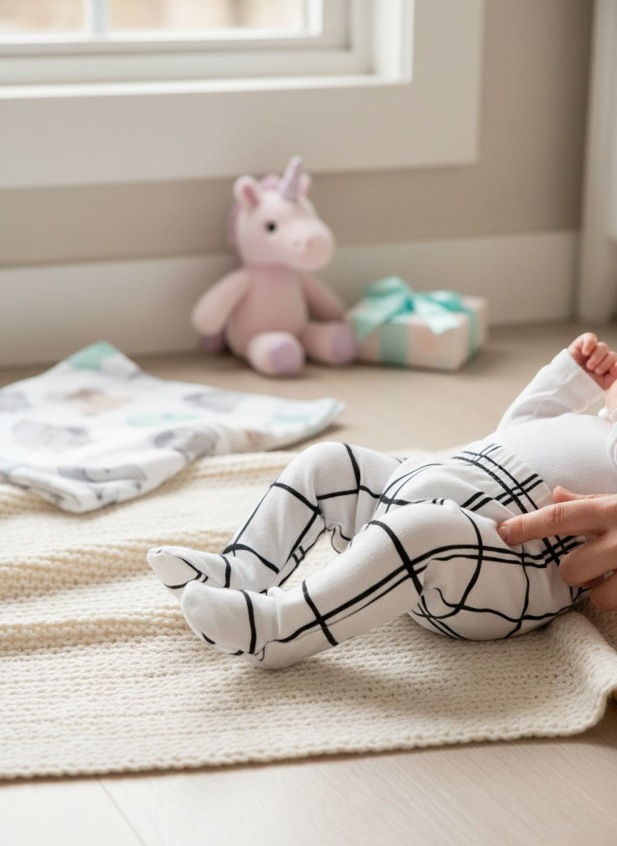 Stork And Baby white 100% cotton baby leggings with a black grid pattern. Footed design for comfort.