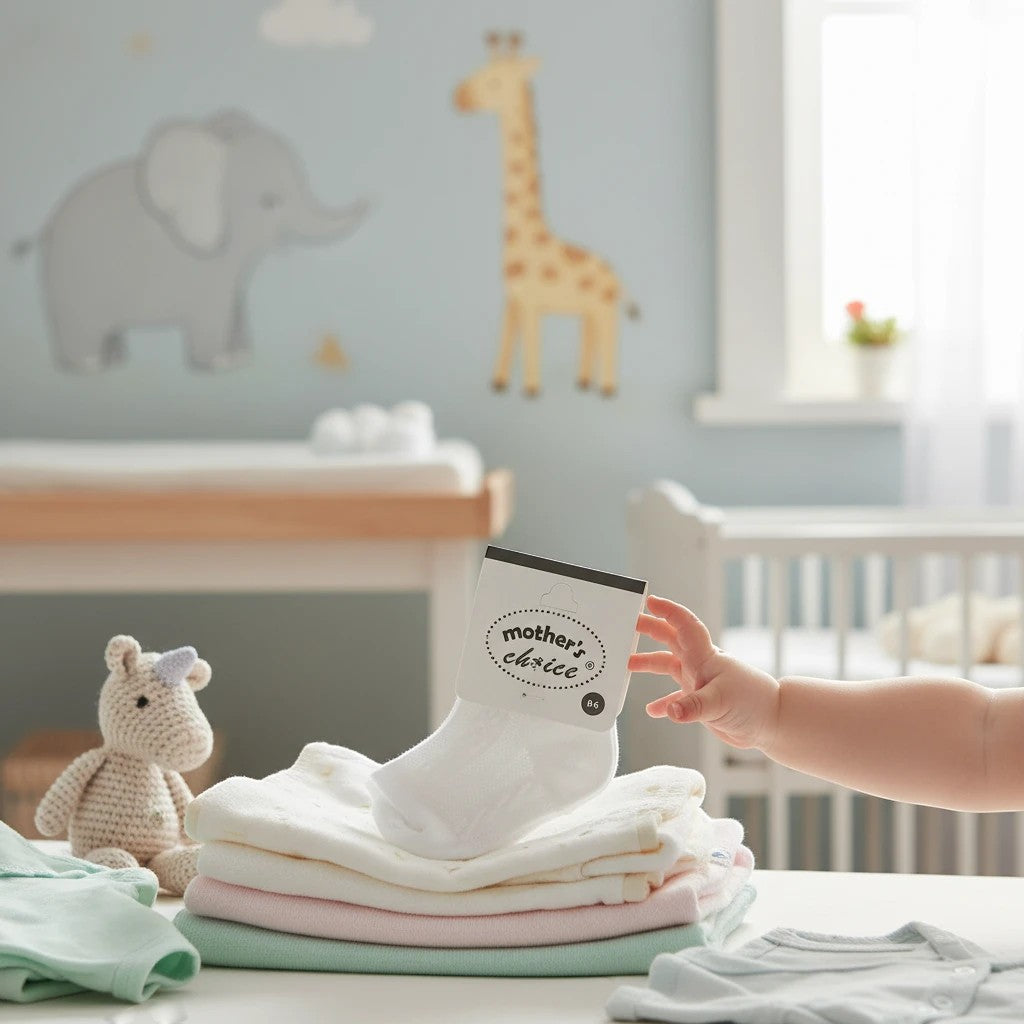 Stork And Baby white cotton infant socks with a textured pattern, size 0-6 months, on a stack of baby clothes.