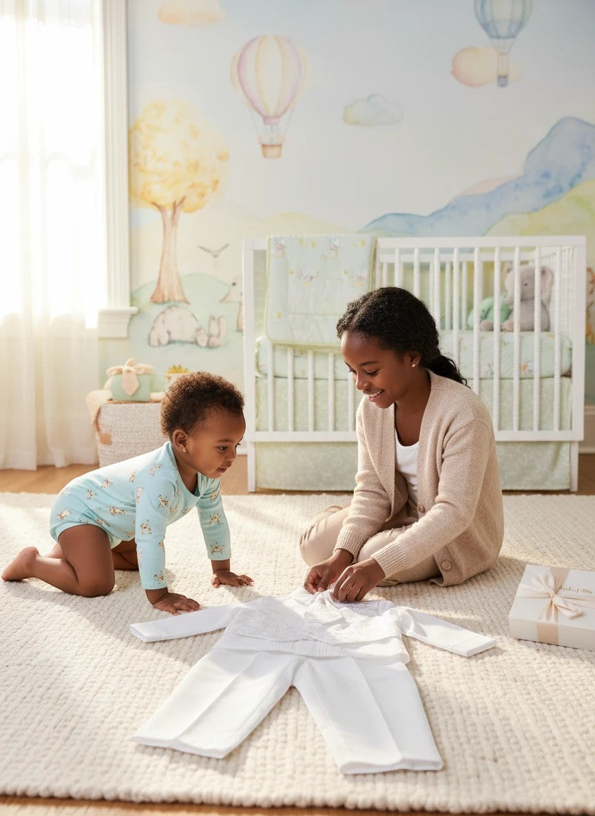 Stork And Baby 5 piece white suit set for infants laid out on a nursery rug with a baby and older girl nearby.