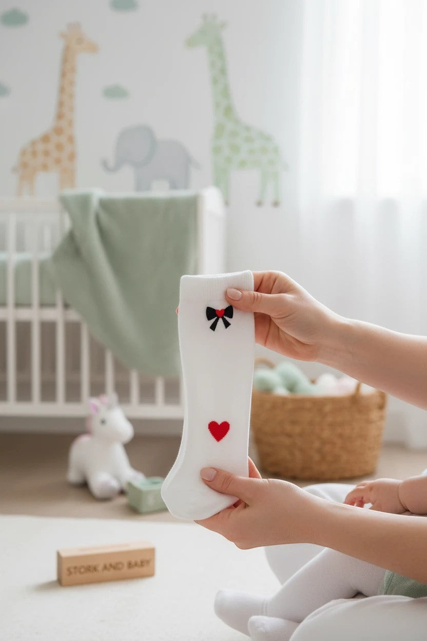 Stork And Baby white infant tights with red heart and black bow detail. Soft, stretchy, and comfortable for everyday wear.