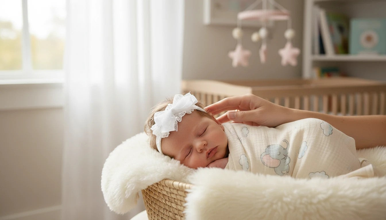 Stork And Baby white satin and lace alice band with polka dot bow on a sleeping newborn baby in a nursery basket