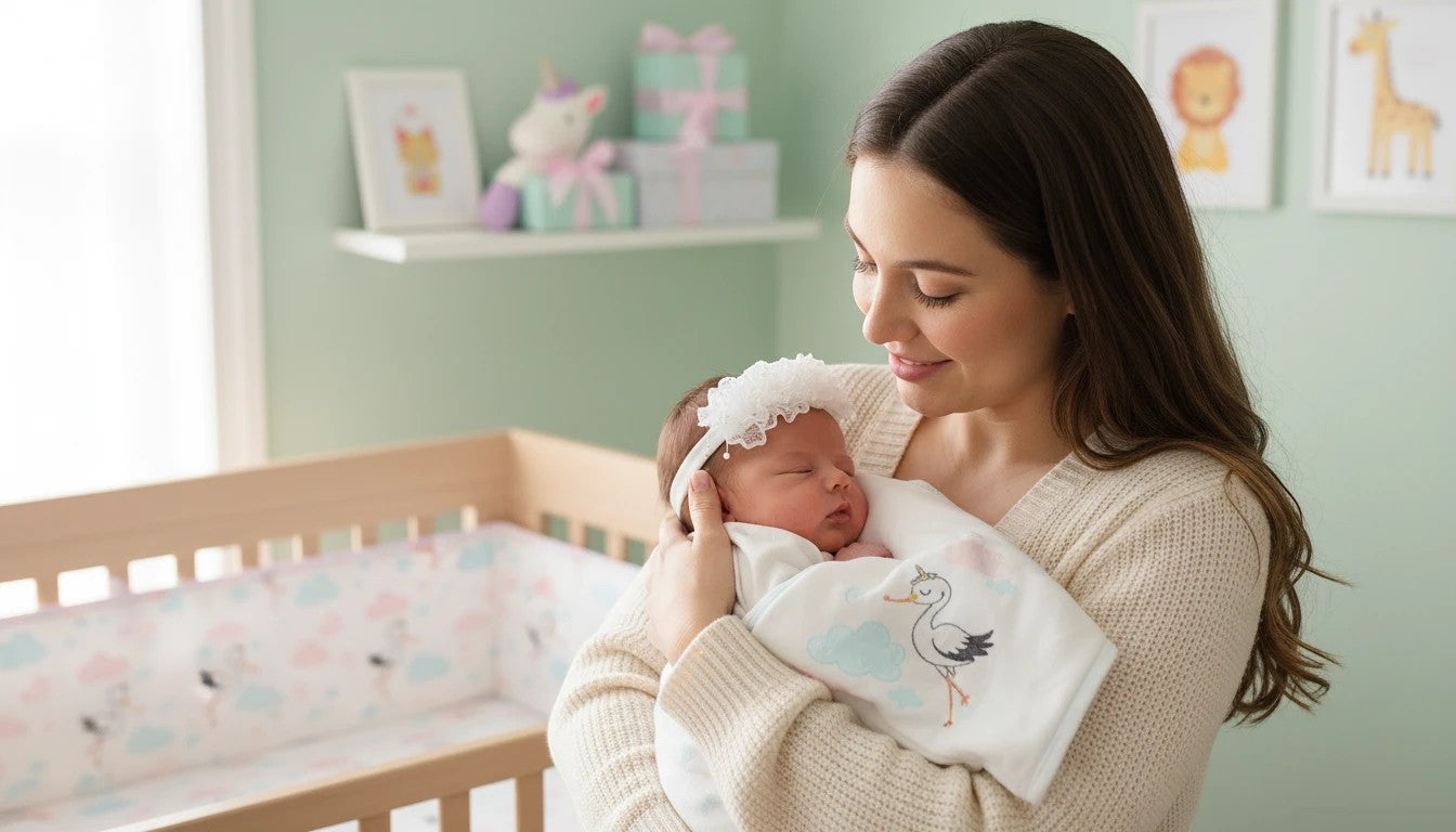 Stork And Baby white lace flower alice band with pearl detail worn by a newborn baby held by a mother in a nursery.