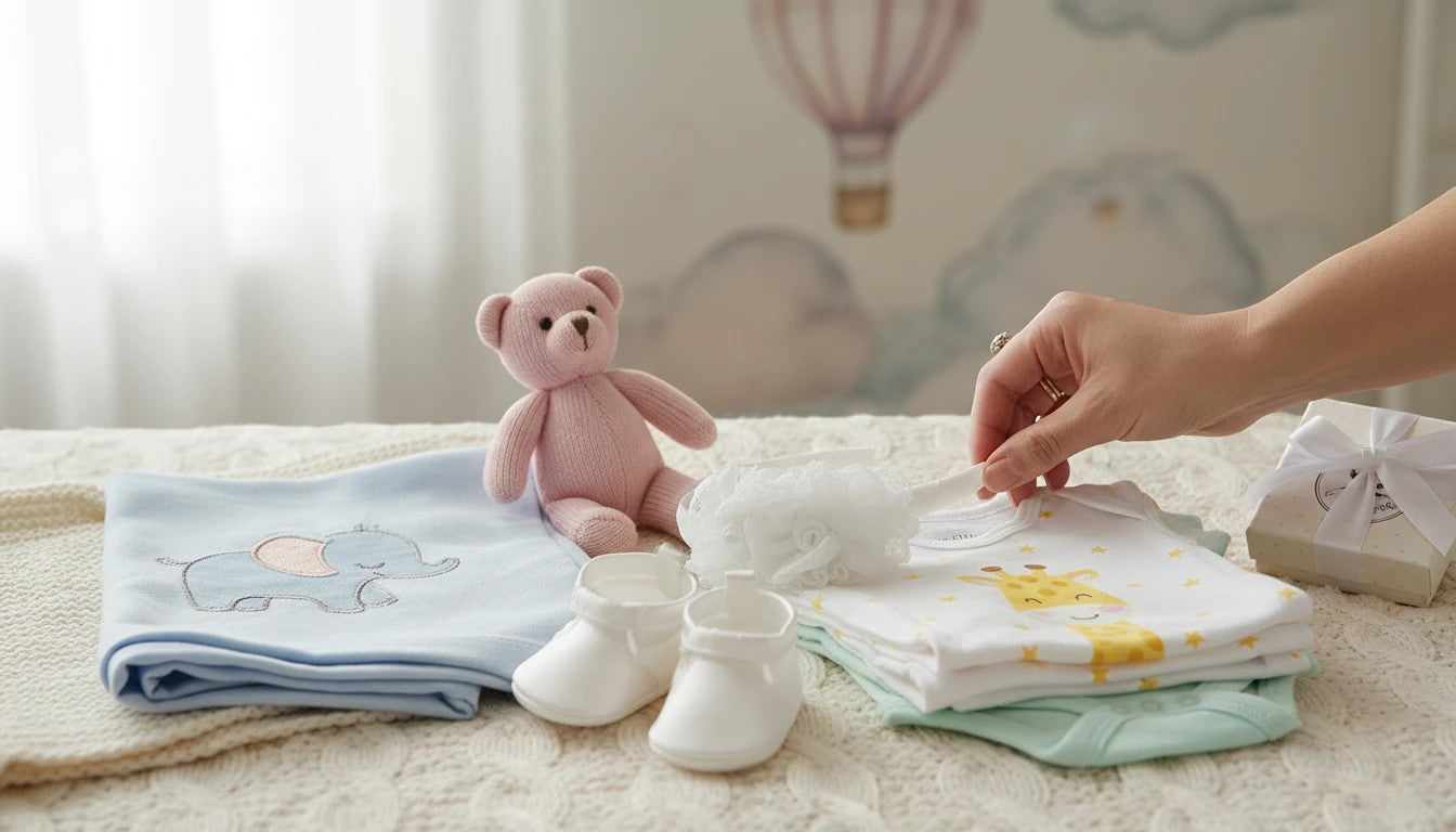 Stork And Baby white lace flower alice band with rose detail, held by hand on a nursery bed with baby accessories.