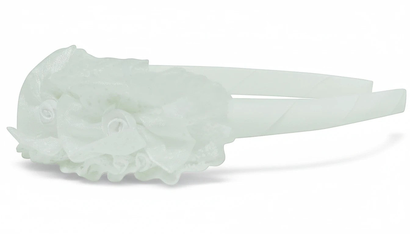 Stork And Baby white girls alice band featuring delicate lace flowers and a central rose accent for formal wear.