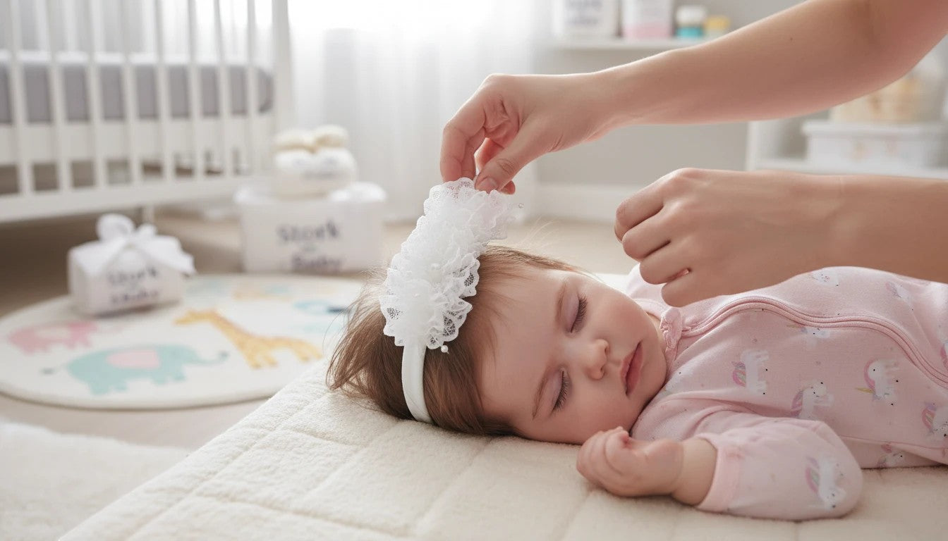 Stork And Baby white lace flower alice band with pearl detail on a sleeping baby wearing a pink unicorn onesie.