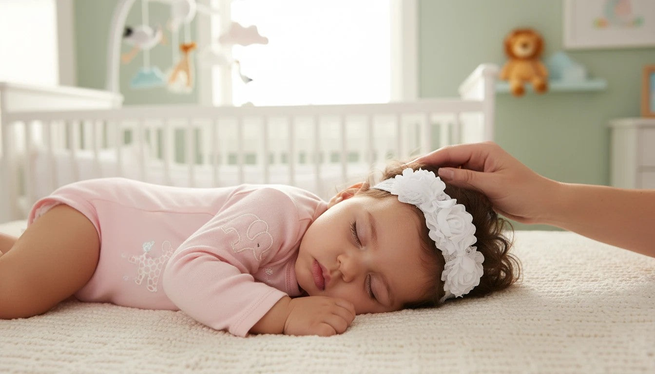 Stork And Baby infant white lace headband featuring three decorative roses, worn by a sleeping baby in a nursery.