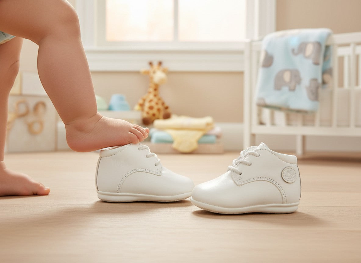 Stork And Baby white lace-up baby boots with a classic design, perfect for boys.