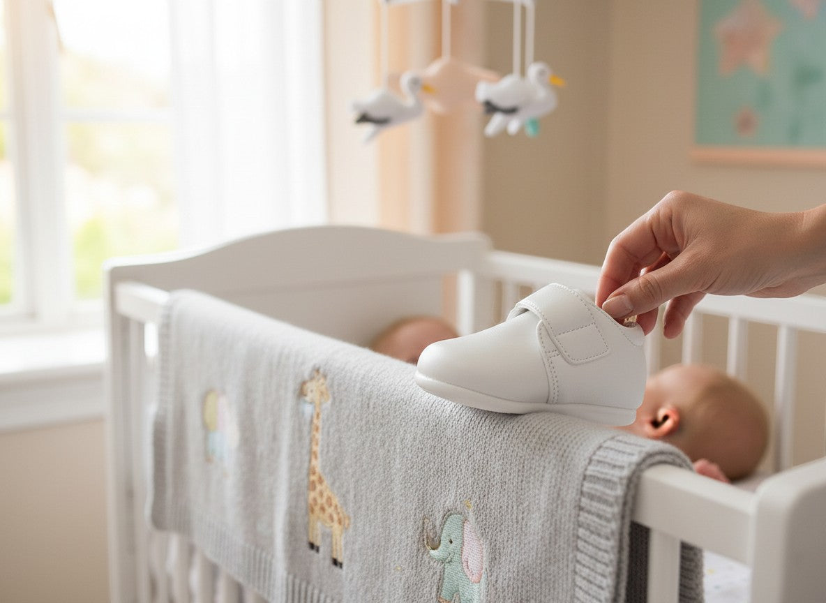 Stork And Baby white leather baby boy shoe with velcro closure, perfect for everyday wear.