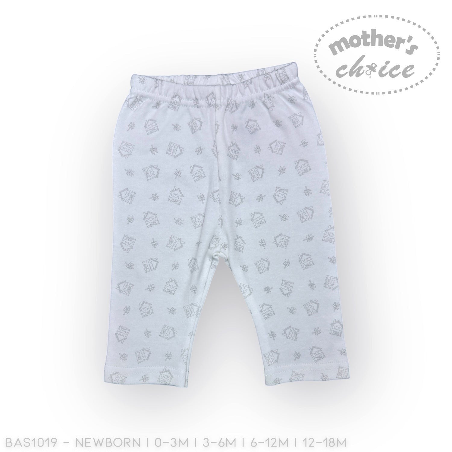 Stork And Baby white cotton blend baby leggings with a grey house and leaf pattern. Open feet design.
