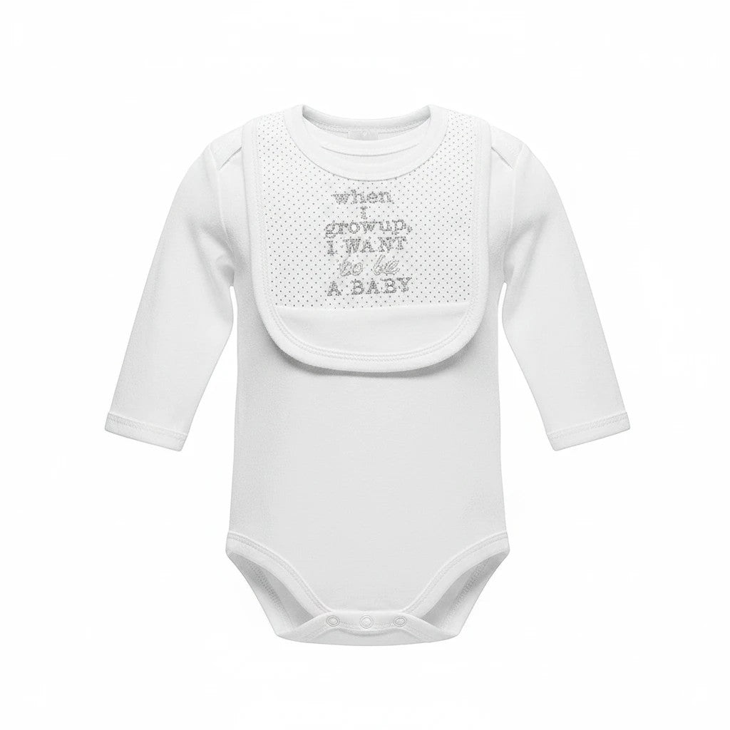 Stork And Baby white long sleeve bodysuit with attached bib that says "when I grow up, I want to be a baby"