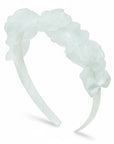 Stork And Baby white girls alice band featuring organza roses and decorative bows for formal occasions.