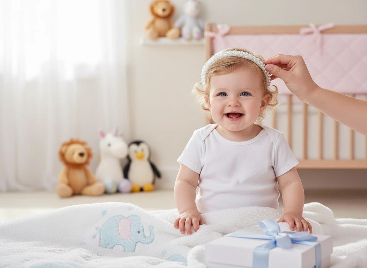 Stork And Baby white girls Alice band featuring delicate pearls and beads, worn by a smiling baby in a nursery.