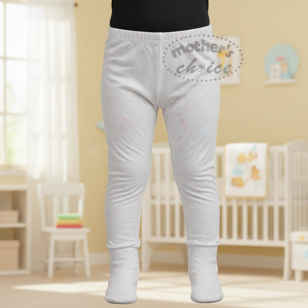 Stork And Baby white 100% cotton baby leggings with pink hearts, footed style.