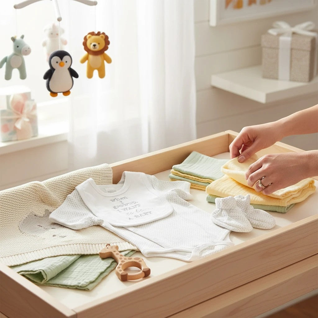 Stork And Baby white textured romper and bib with polka dot booties and soft blankets on a changing table.