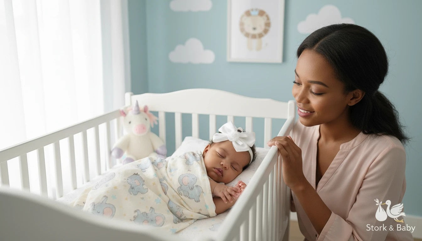 Stork And Baby white satin bow alice band with rose on a sleeping baby in a crib with a mother watching