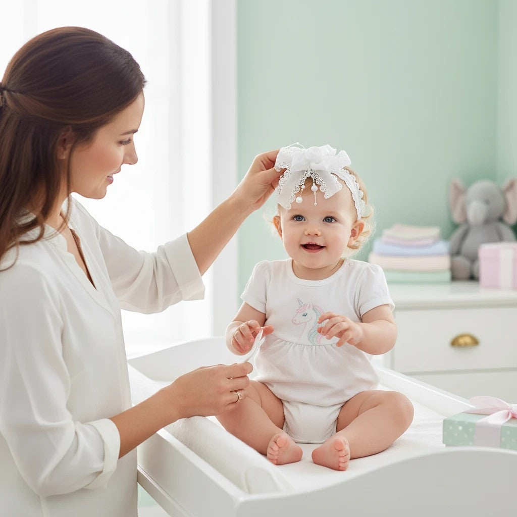 Stork And Baby white satin girls alice band with bow and rose detail on a smiling baby held by her mother