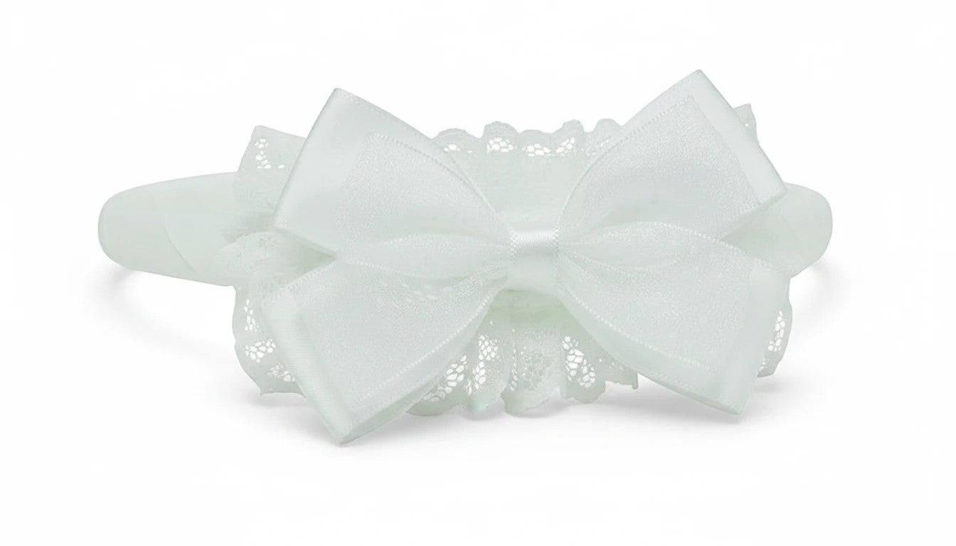 Stork And Baby white satin and lace girls alice band featuring a decorative polka dot bow for special occasions.