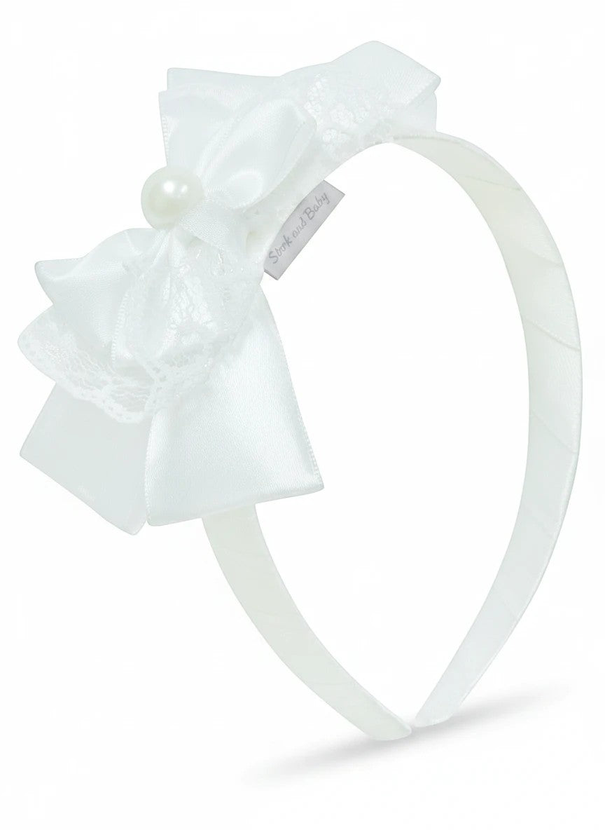 Stork And Baby white satin girls alice band featuring a decorative lace bow and a central pearl accent.