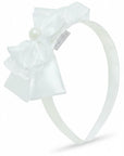 Stork And Baby white satin girls alice band featuring a decorative lace bow and a central pearl accent.