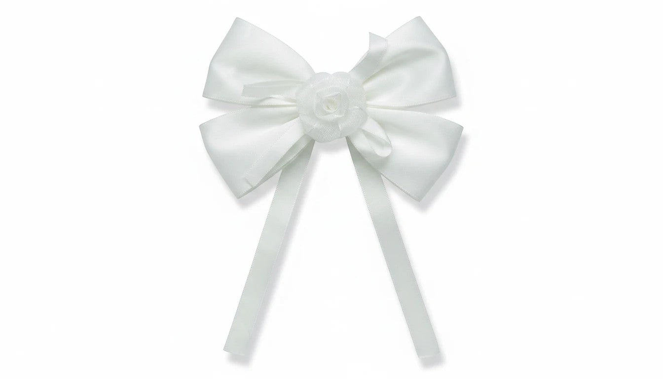 Stork And Baby white satin hair bow alice band featuring a delicate central rose embellishment for girls.