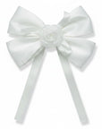 Stork And Baby white satin hair bow alice band featuring a delicate central rose embellishment for girls.
