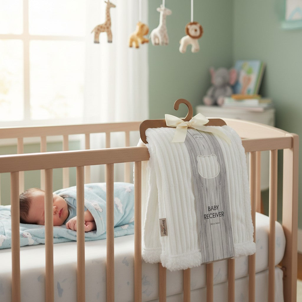 Stork And Baby white sherpa fleece baby blanket with ribbed texture and a bear emblem, 75x100cm.