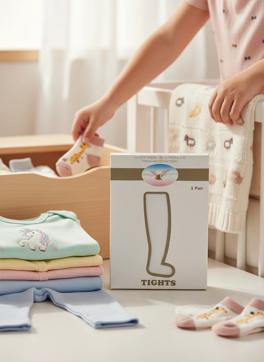Stork And Baby Mother's Choice infants white tights, soft stretchy fit for all-day wear, lightweight warmth, perfect for dresses and skirts.