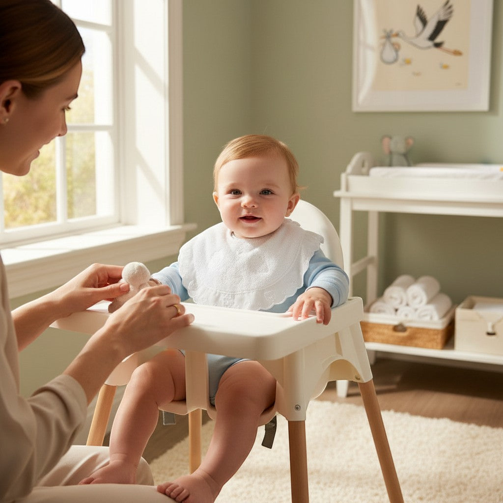 Stork And Baby white toweling dribble bibs with scalloped edge, worn by a baby in a high chair.