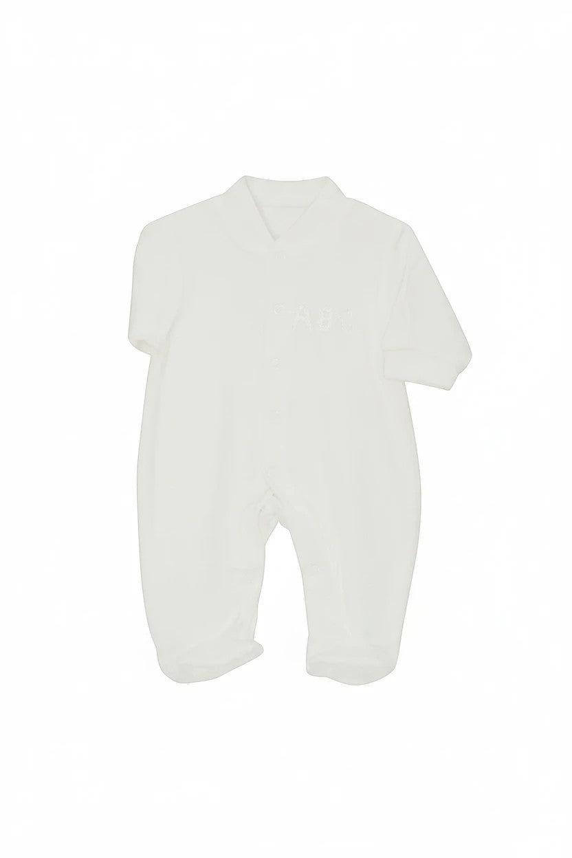 Stork And Baby white velour baby growers with embroidered ABC detail. Designed for premature babies.
