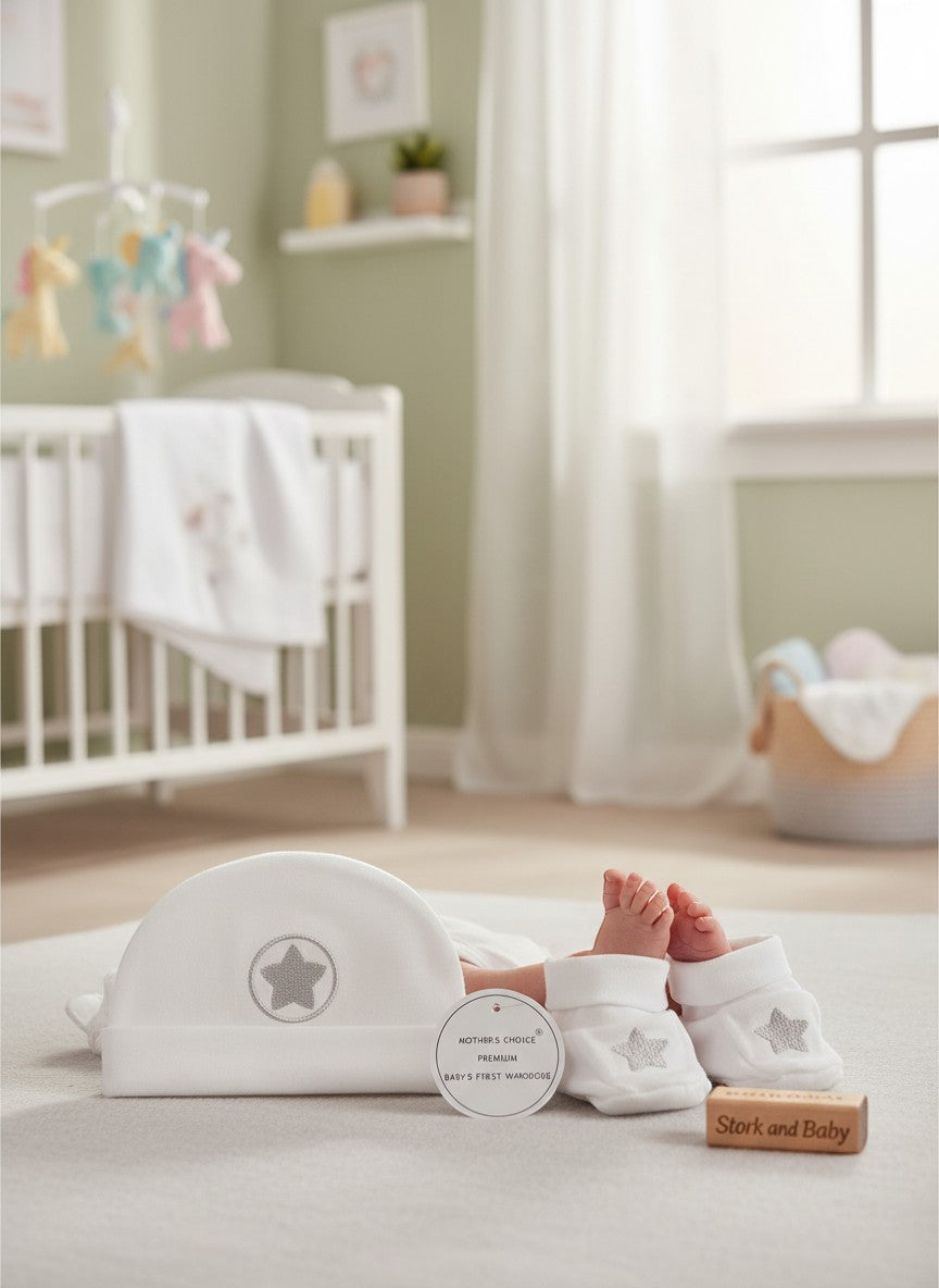Stork and Baby white velour 3-piece set for infants, featuring a hat and booties with star embroidery.