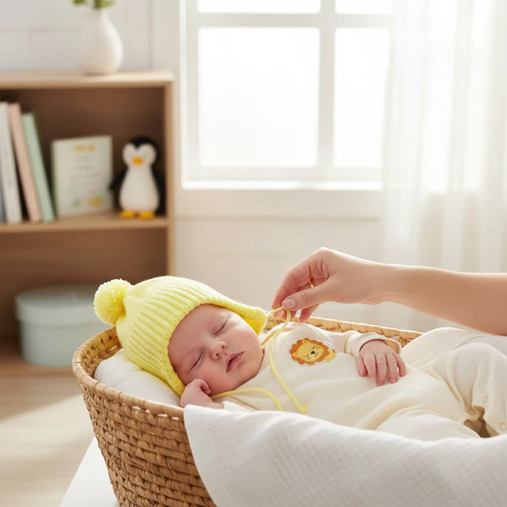 Stork And Baby yellow knitted trapper beanie with pompom on sleeping baby