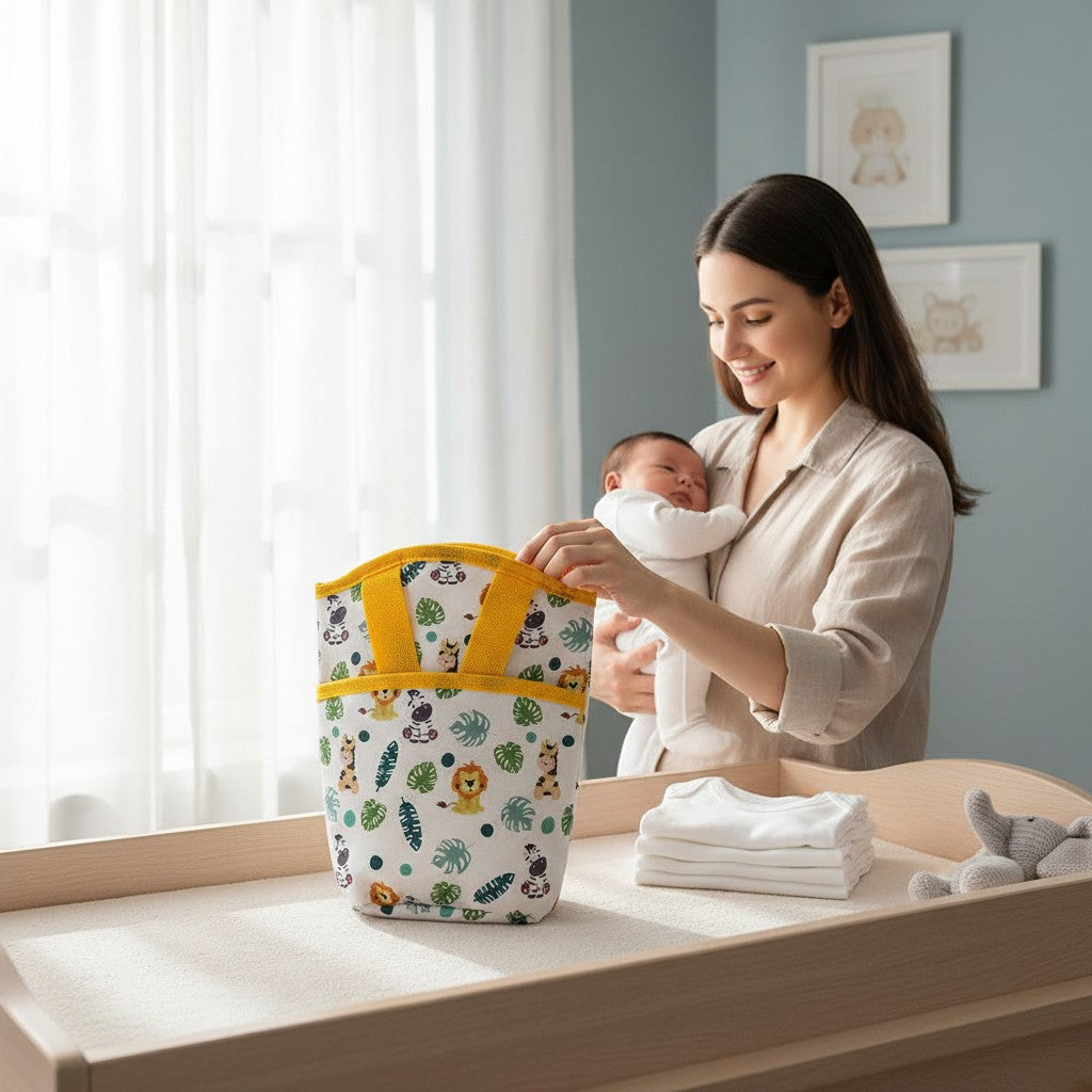 Stork And Baby insulated bottle warmer bag with a fun zoo animal print and yellow trim, perfect for travel.